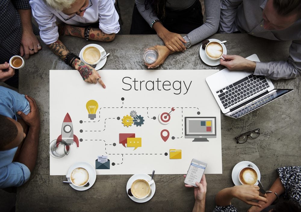 Marketing team gathered around a strategy flowchart 