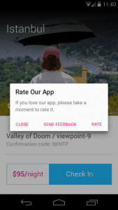 Mobile screen with "rate our app" popup in app