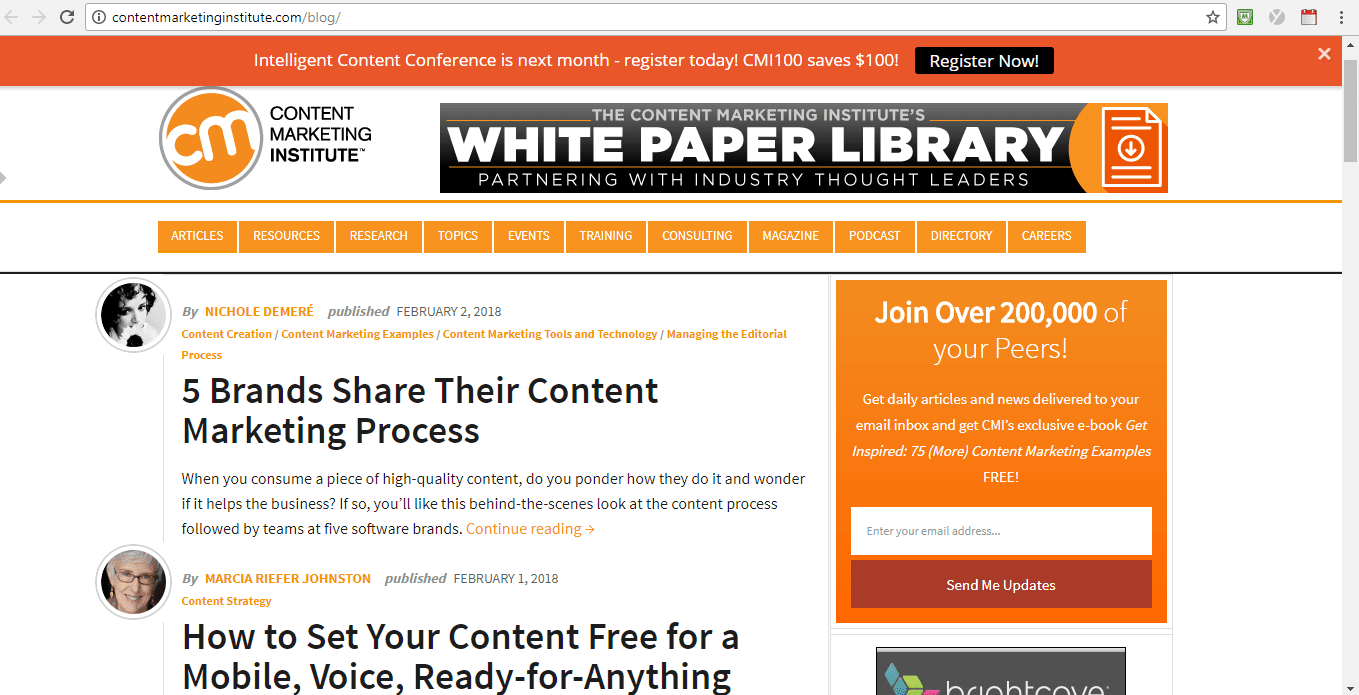 Screenshot of Content Marketing Institute blog