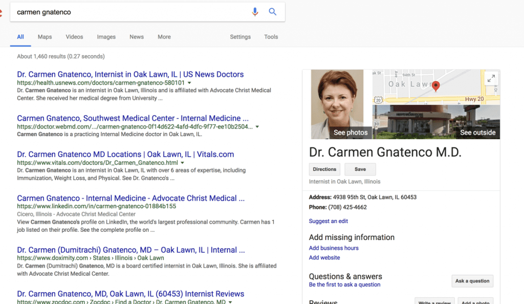 Screenshot of Google search results for Dr. Carmen Gnatenco