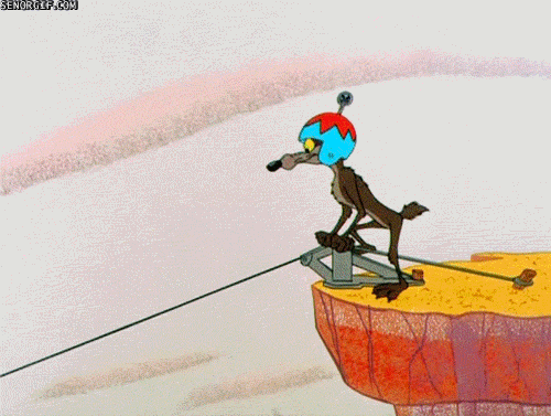 Animation of Wile E. Coyote trying to balance on a tightrope and falling off 