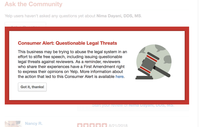 Screenshot of Yelp Consumer Alert