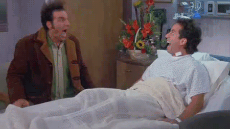Kramer and Jerry Seinfeld in hospital room screaming