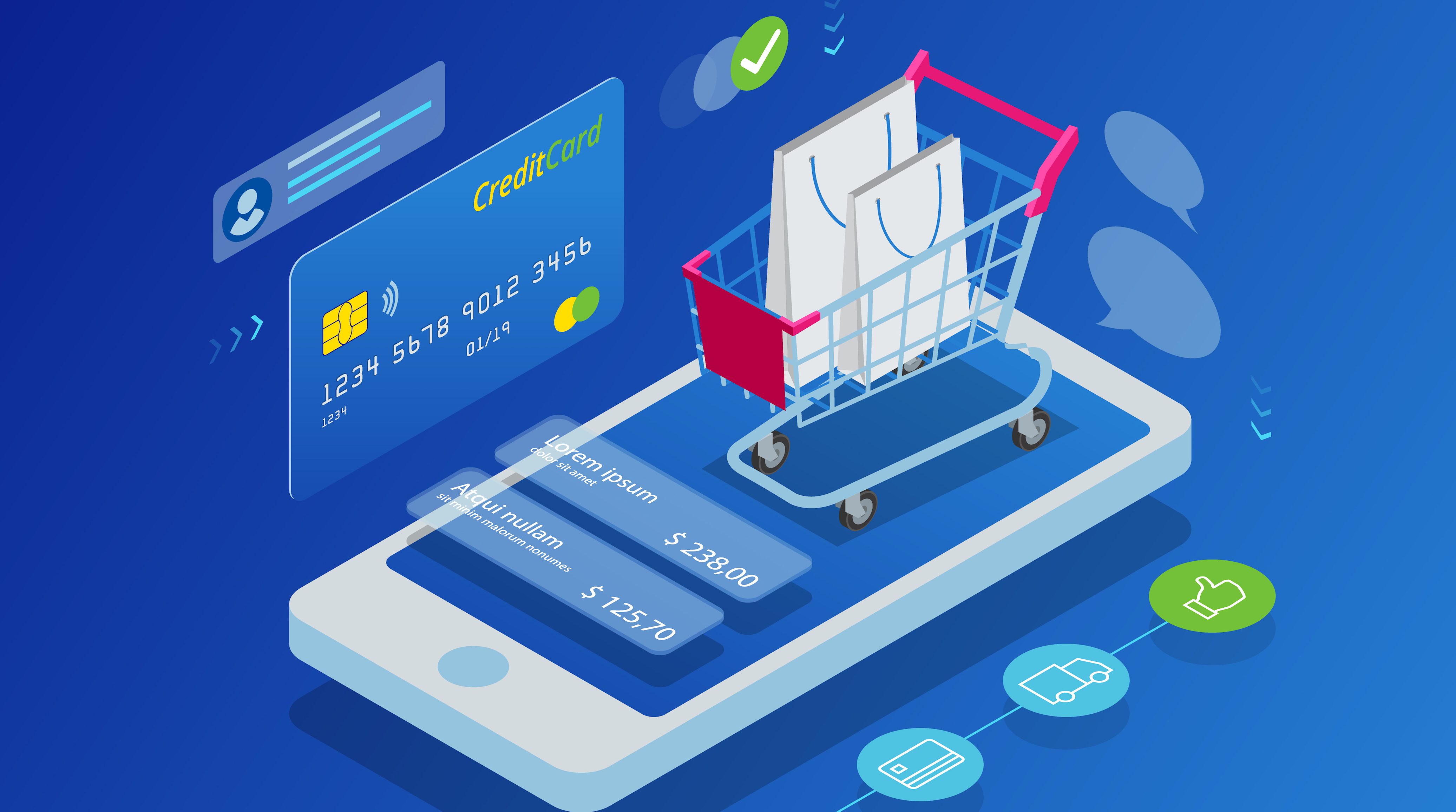 shopping cart and credit card graphic appearing out of smart phone screen