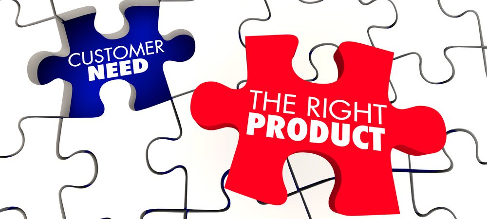 Puzzle piece labeled "the right product" fitting into a space labeled "customer need"