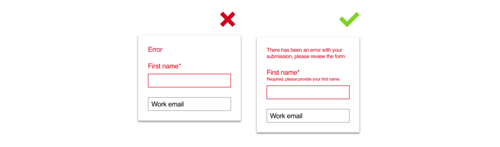 An image showing the incorrect way to display an error, and one showing the correct way with descriptions.