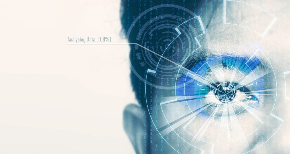 Human-like robot analyzing data through its eyes