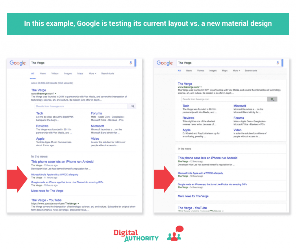 Screenshots of Google's A/B tests of their new layout 