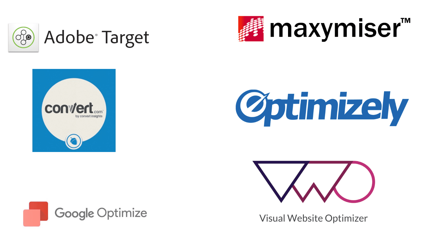 Logos of A/B testing tools such as Maxymiser, Optimizely and Google Optimize