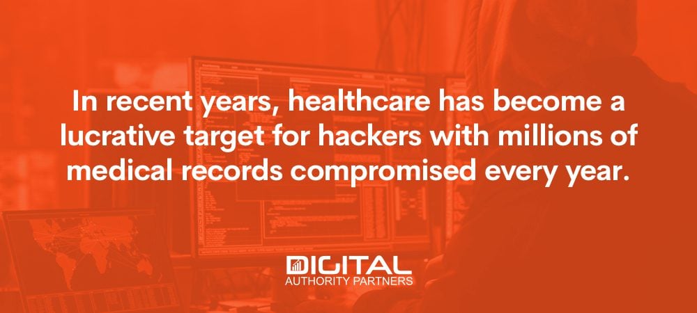Web banner that reads: In recent years, healthcare has become a lucrative target for hackers with millions of medical records compromised every year.