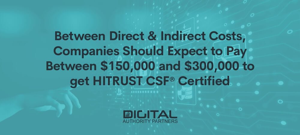 Web banner that reads: Between direct and indirect costs, companies should expect to pay between $150,000 and $300,000 to get HITRUST CSF® certified