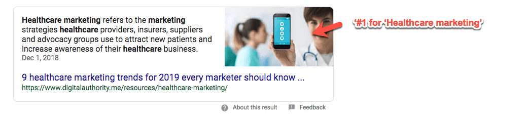 Screenshot of number 1 Google Search result for "healthcare marketing"