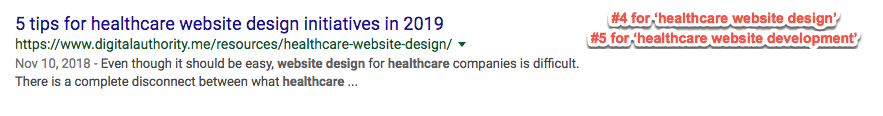 Screenshot of page 1 Google Search results for "healthcare website design" and "healthcare website development"