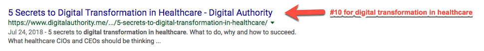 Screenshot of top 10 Google Search result for "digital transformation in healthcare"