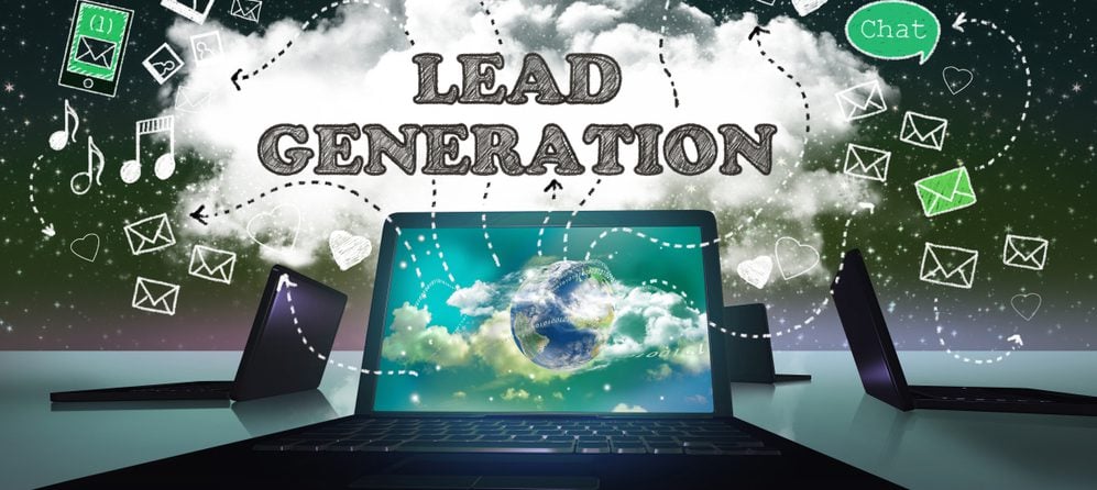 Laptop desktop under a word cloud containing the words Lead Generation