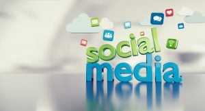 "Social media" with logos of social media platforms floating in background