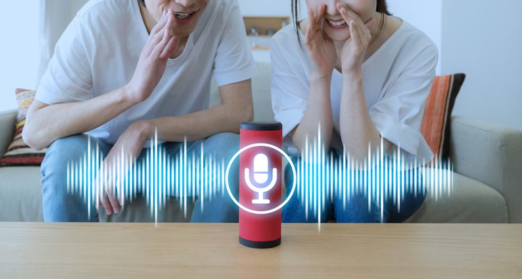 A couple speaking into their voice assistant speaker