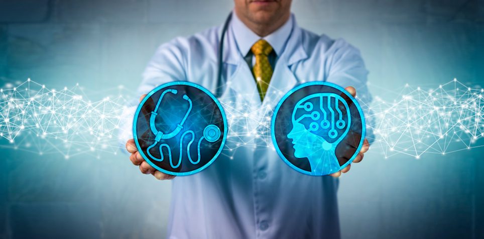 Physician holding logos of a stethoscope and artificial intelligence