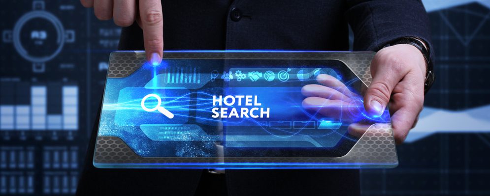 A futuristic tablet displaying a search for SEO hotel digital marketing