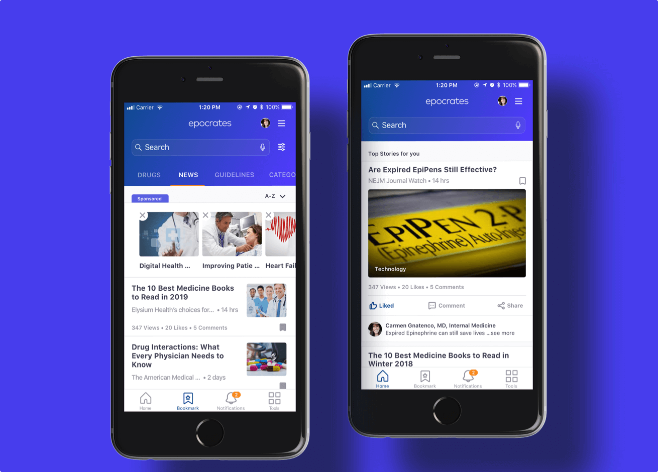 The Epocrates health app shown on two mobile devices
