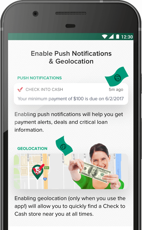 Example of notification within the Check Into Cash app shown on a mobile screen