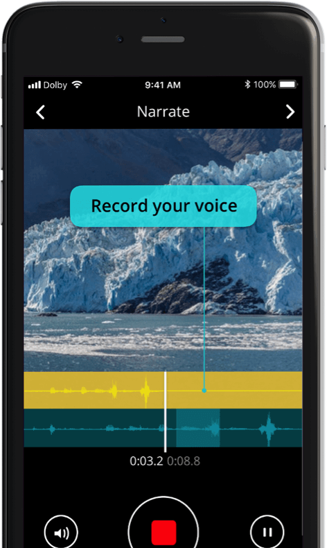 Screenshot of video narration app Dolby shown on a mobile device