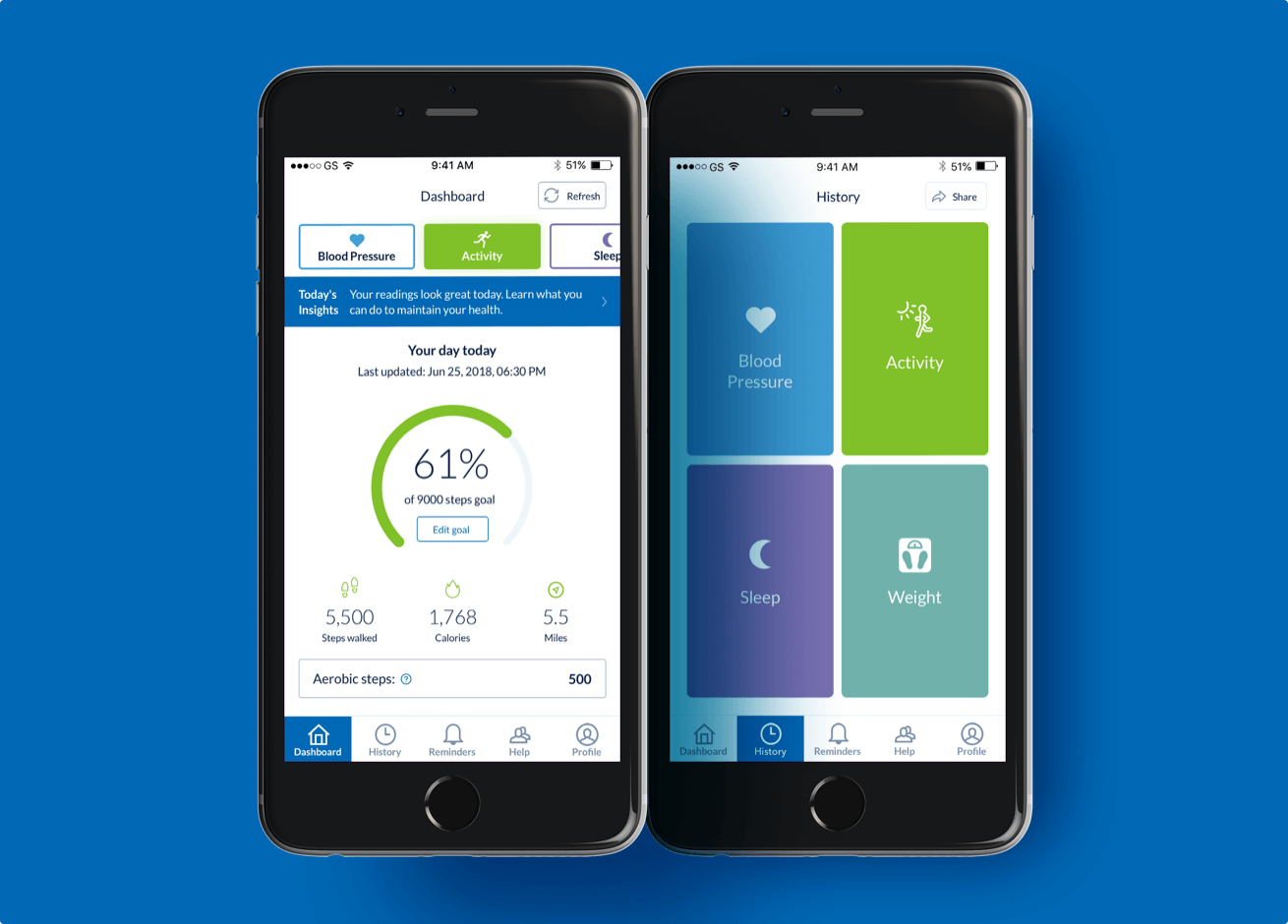 The Omron app displayed on two mobile devices