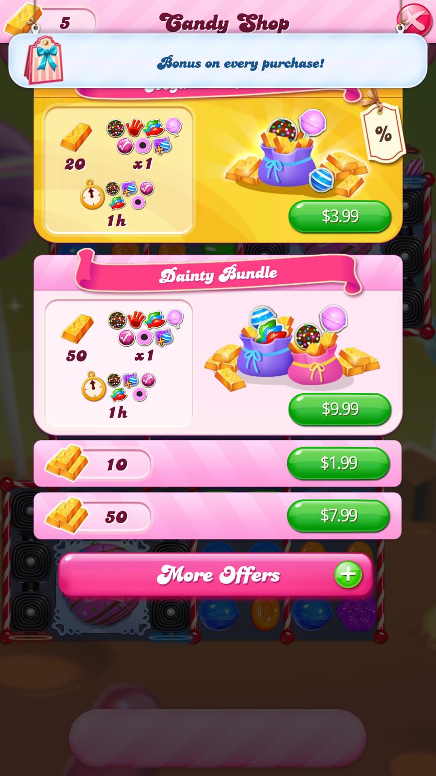 A screenshot of in-app purchase options for Candy Crush Saga