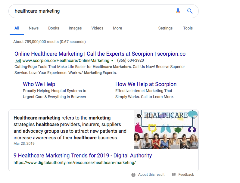 Screenshot of Google Search results for Healthcare Marketing.