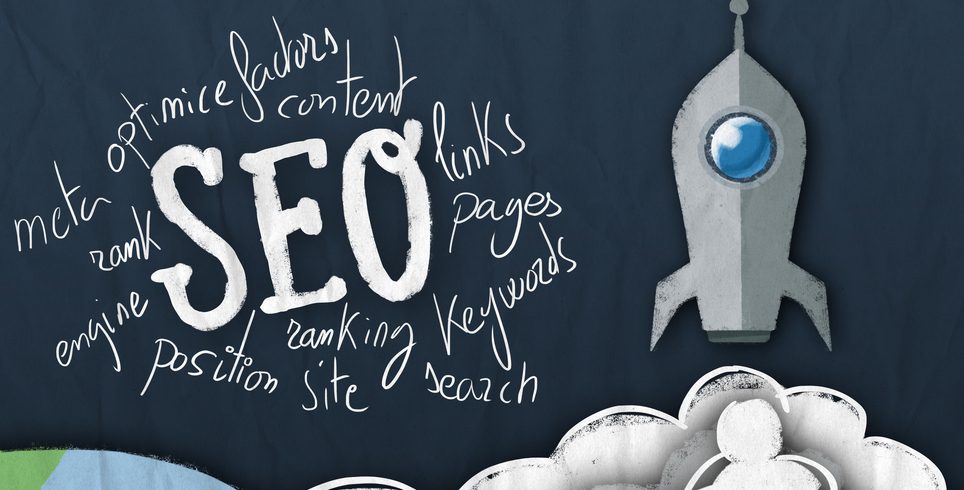 A rocket ship with the "SEO" surrounding by multiple words.