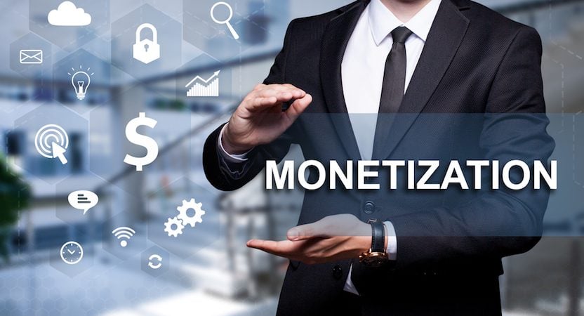 Man displaying the word "Monetization" with icons next to him.
