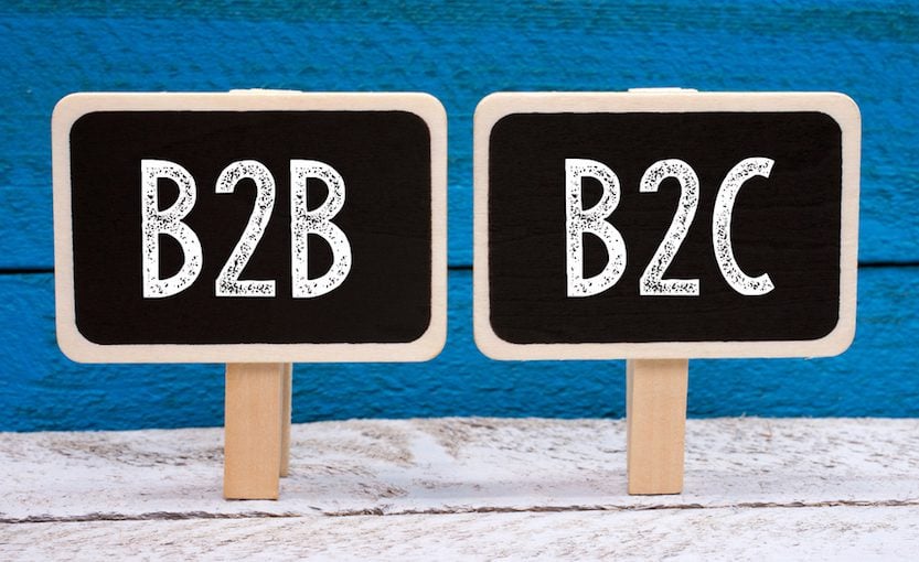 Signs with the words "B2B" and "B2C" written on them