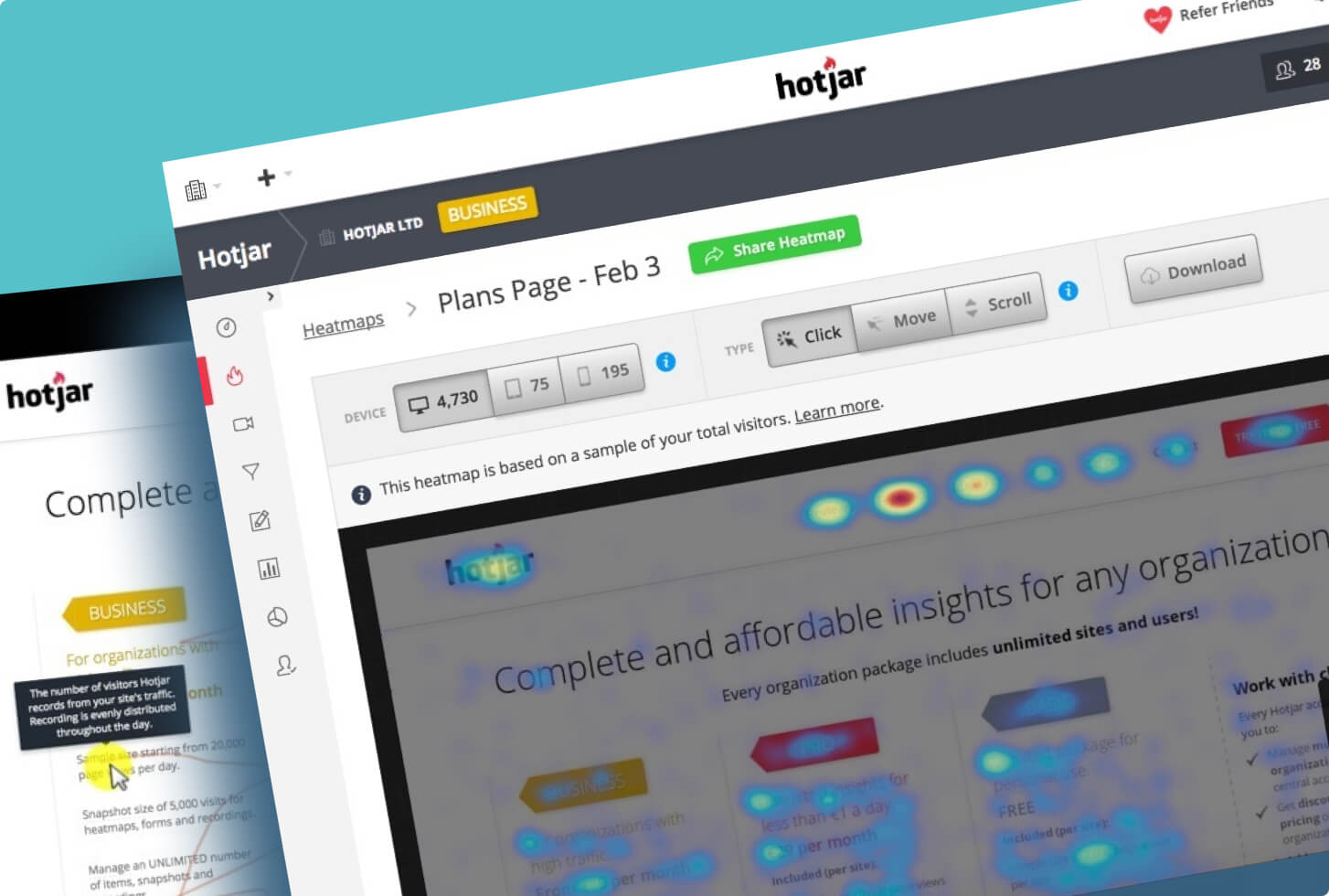 Analytic platform Hotjar shown of a desktop