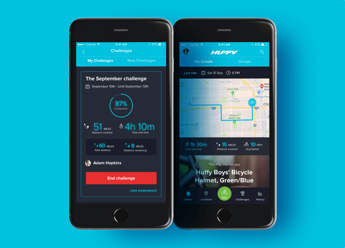 The Huffy app shown on two mobile device