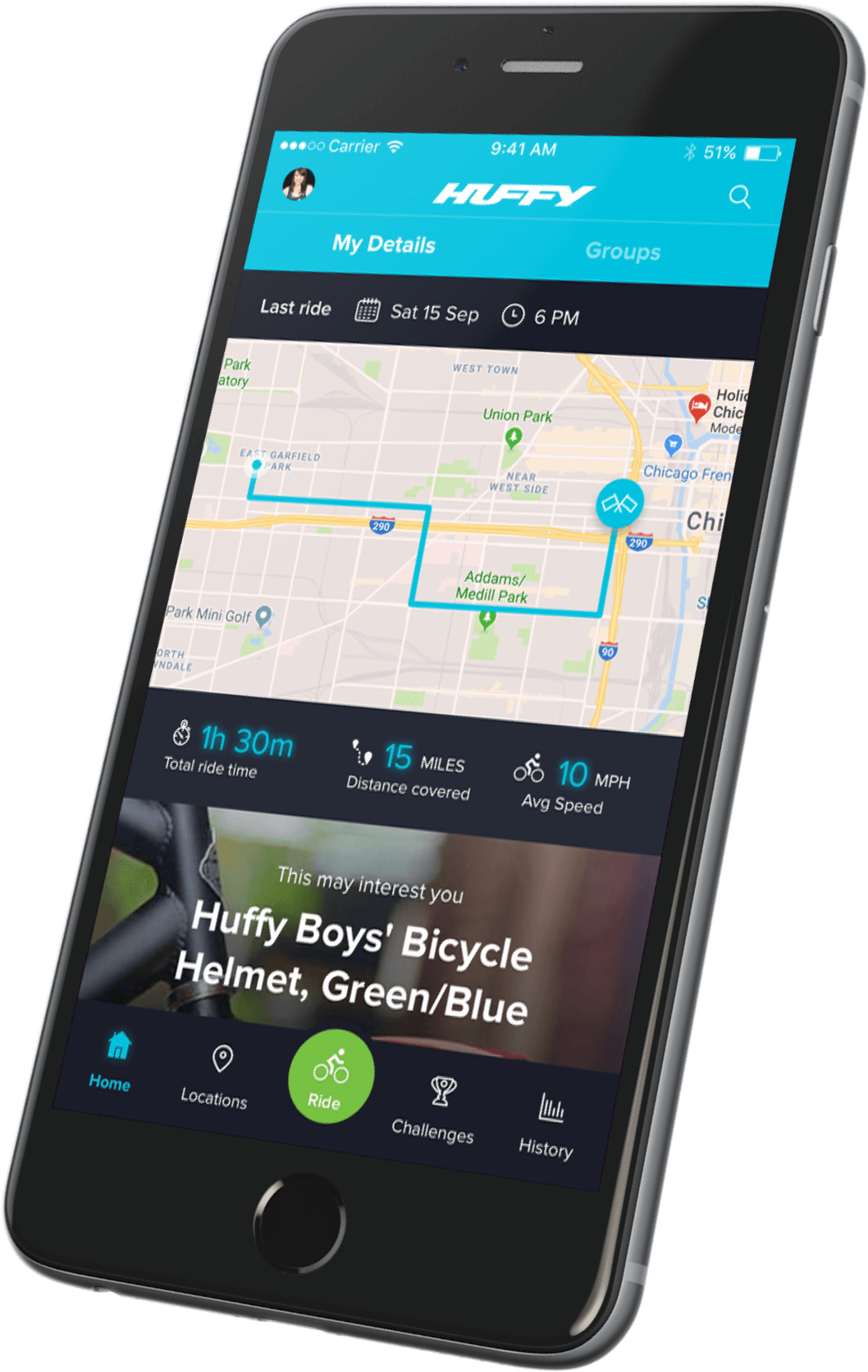 Bike route mapped with the Huffy app shown on mobile device