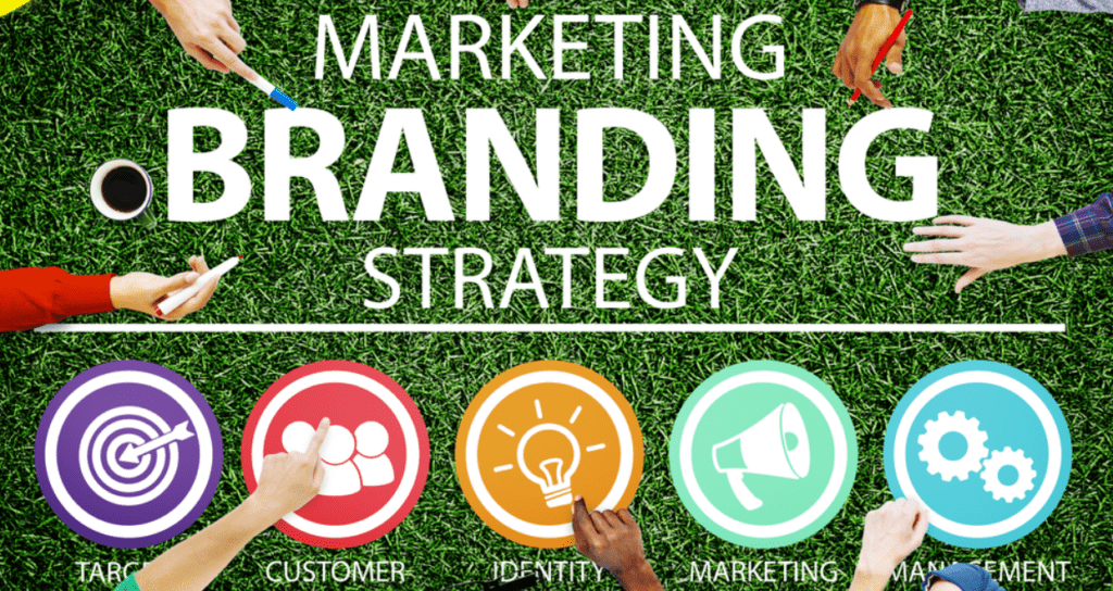 People pointing at the words "Marketing Branding Strategy" with icons displaying parts of the plan.