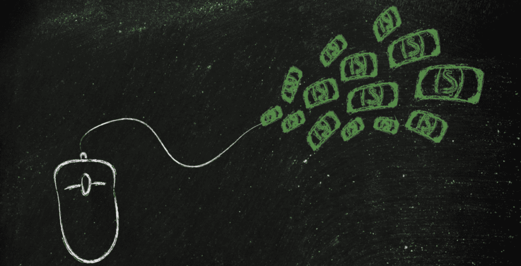 Chalk drawing of a computer mouse attached to money.