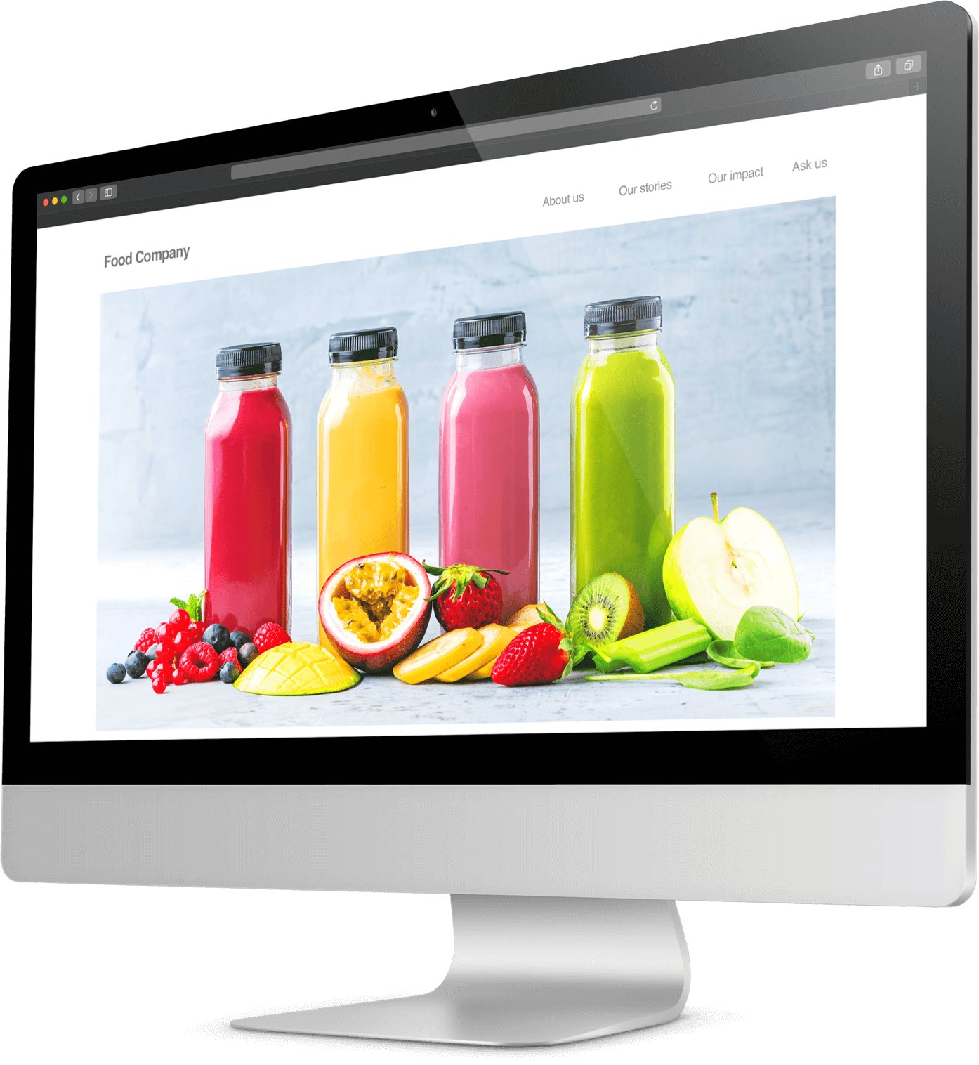 Photo of colorful juice bottles shown on a desktop