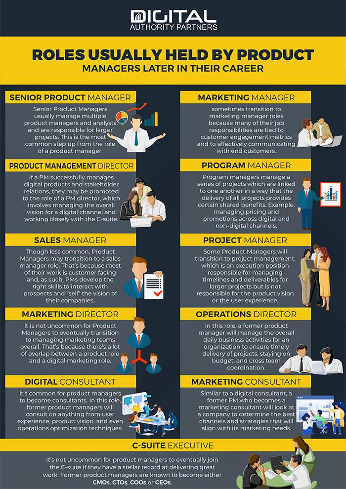 infographic showing a variety of roles held by product managers as they progress through their career