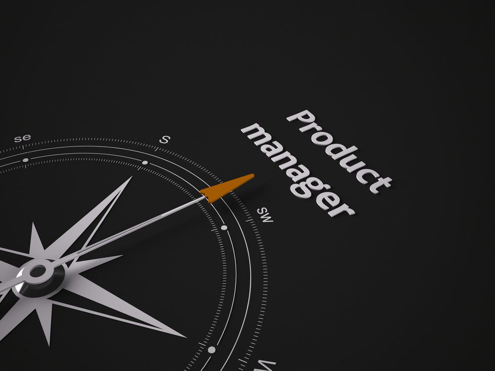 Conceptual 3D render image with a frameless Compass focus on the words product managerThe position of product manager