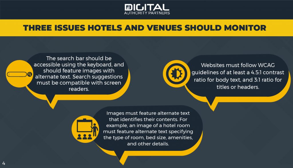 Three issues hotels and venues should monitor: search bars, alt text, and contrast ratios.