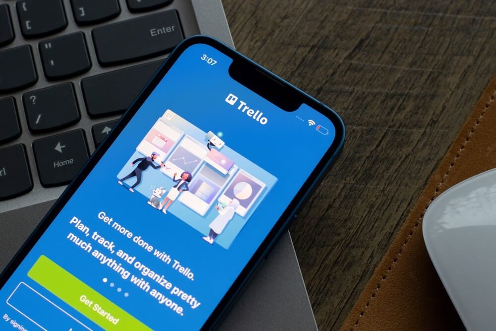 trello_Portland, OR, USA - Dec 6, 2021: Trello mobile app login page is seen on an iPhone. Trello is a Kanban-style project management application developed by Trello Enterprise, a subsidiary of Atlassian.