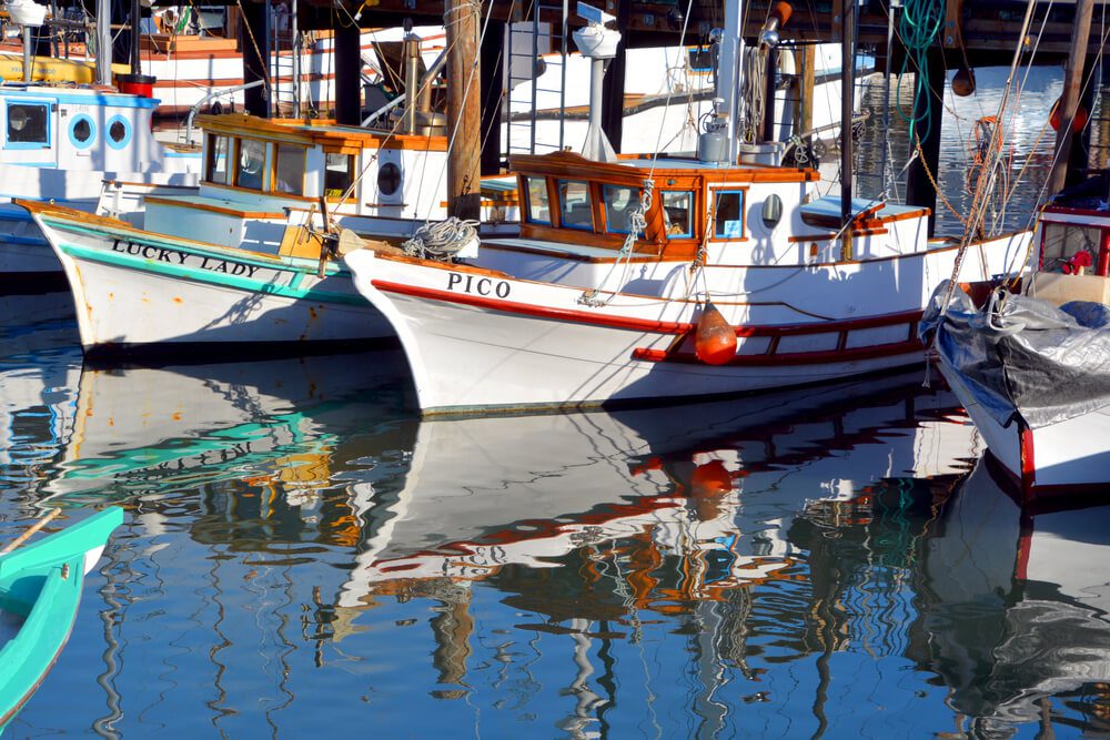 san diego fishing center_SAN DIEGO CA USA APRIL 08 2015: Fisherman boat in San Diego harbor, San Diego Bay has 34 miles of scenic waterfront dotted with restaurants, shops, hotels, attractions, parks and marinas