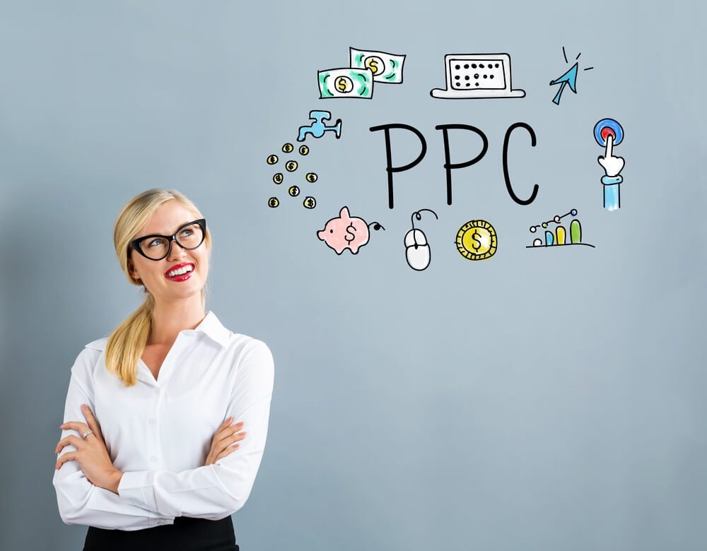 Pay-per-click_PPC text with business woman on a gray background