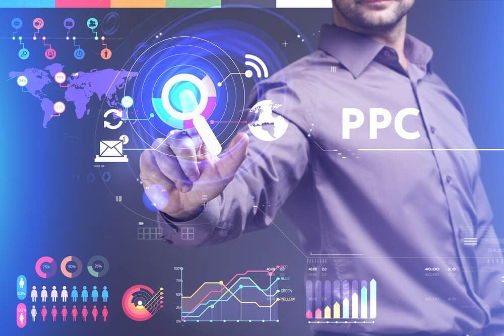 ppc_Business, Technology, Internet and network concept. Young businessman working on a virtual screen of the future and sees the inscription: PPC