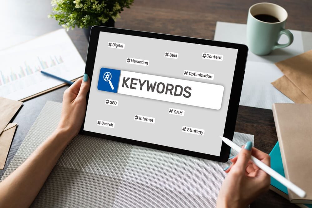 keywords_Keywords. SEO, Search engine optimization and internet marketing concept on screen.