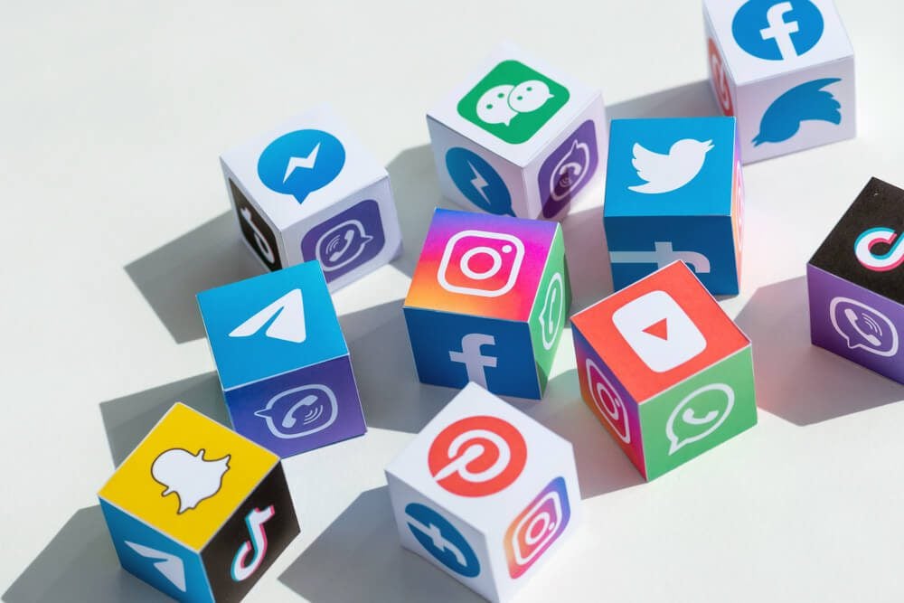social media_Kyiv, Ukraine - September 5, 2019: A paper cubes collection with printed logos of world-famous social networks and online messengers, such as Facebook, Instagram, YouTube, Telegram and others