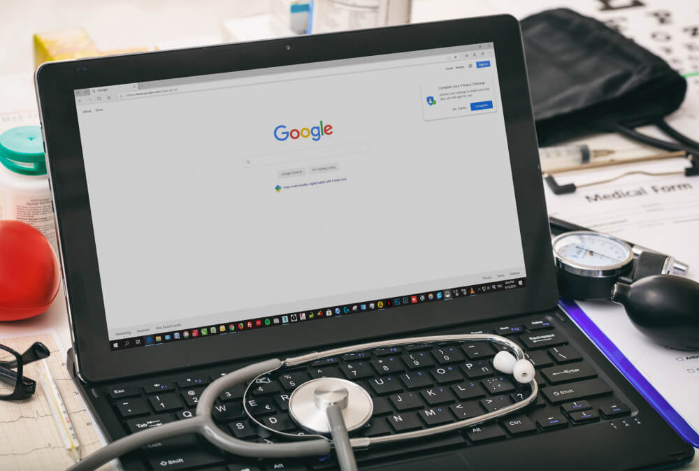 medical search_Athens, Greece. September 18, 2019. Google search engine on the computer screen, doctors office background