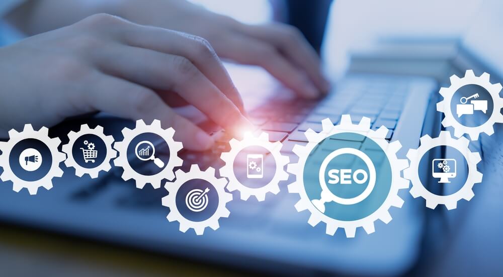 seo leads_SEO, Search Engine Optimization ranking concept. Digital marketing strategy of promote traffic to website. Working on computer with the icon of magnifying glass, abbreviation SEO and SEO symbol.