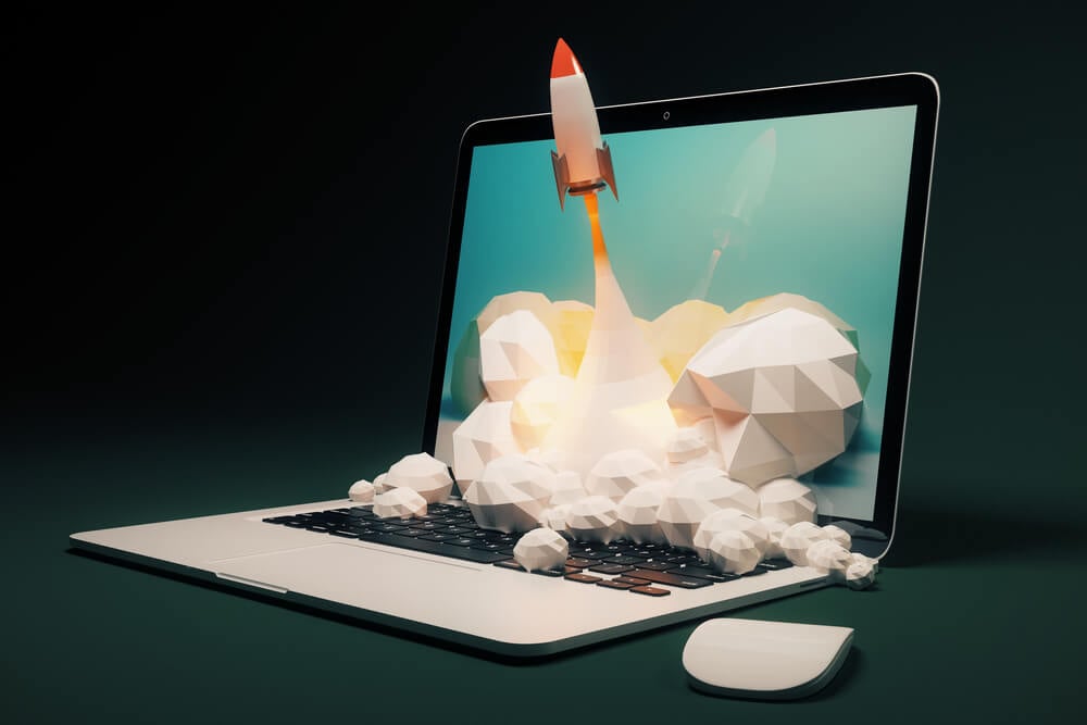 digital marketing_Startup concept with rocket flying out of laptop screen on black background. Sideview, 3D Rendering